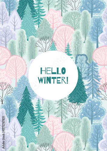 Christmas posters Hello winter with forest. Seamless Pattern with Abstract trees, shrubs, conifers for covers, postcards, flyers