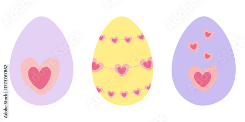 Hearts Decorated Easter Eggs in trendy lavender Yellow and Violet Easter Greetings Minimalist Design