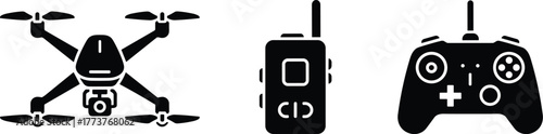 Drone silhouette, remote controller, walkie-talkie, quadcopter, aerial device, joystick control, communication gear, black icons, drone equipment, flying tech, pilot tools, drone operation