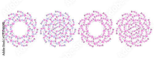 One line drawn Branches with hearts shape leaves in trendy soft pink and violet Round Frame and Fond