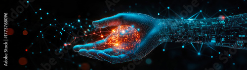 Futuristic Human Hand Interacting with AI Technology and Big Data Network on Illuminated Digital Background for Innovation Concept