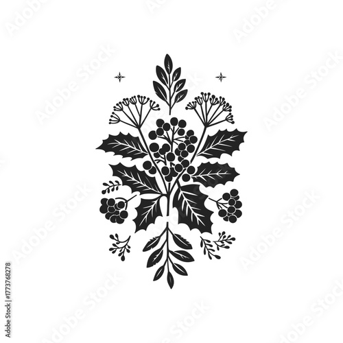 Merry Christmas and Happy New Year illustration, for greeting cards, posters, holiday covers. Xmas festive linocut black hand drawn.