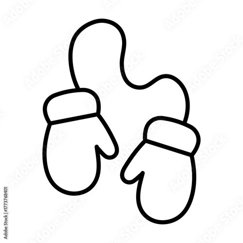 An illustration of a black icon of winter mittens on a white background