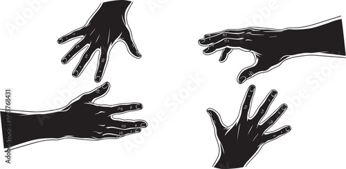 Black silhouette hands, expressive gesture, human interaction, teamwork, communication, isolated on white background, artistic contour, dramatic pose, emotional reach, vector illustration