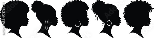 Female profile silhouettes, hairstyle diversity, black vector, textured hair, afro, bun, curly, earrings, fashion, beauty, editable, clipart, design, graphic, side view, cultural, stylish, bundle