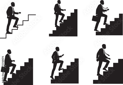 Businessman climbing stairs, silhouette illustration, career growth, ambition, success, professional journey, briefcase, motivation, progress, development, black and white concept art