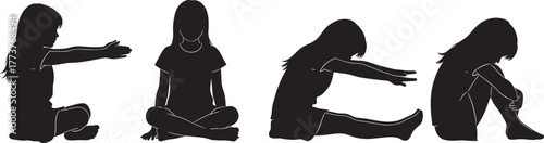 Child sitting silhouette, various seated poses, emotional posture, body language, black vector icon set, kids position, minimalist style, stock illustration