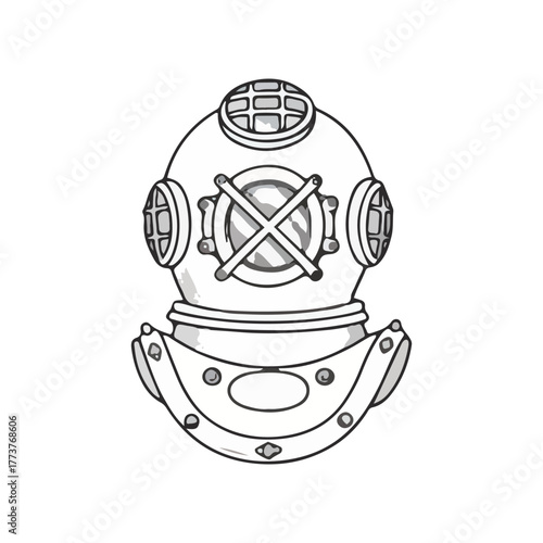 A vintage diving helmet, a classic piece of underwater exploration equipment, depicted in a detailed line drawing.
