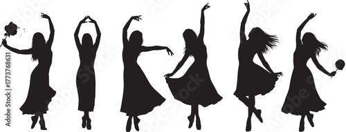 Elegant women dancing in silhouette, graceful poses, bouquet gestures, expressive movement, black figures on white background, artistic choreography, minimal style, stock illustration