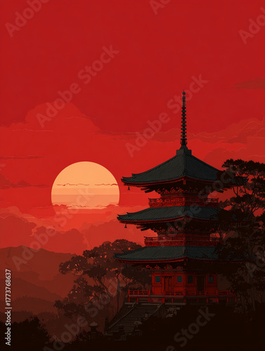 A minimalist illustration of a Japanese temple silhouette against a red-orange sunset or sunrise, overlooking water and mountains.