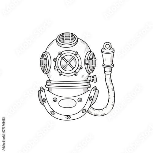 A black and white line art illustration of a vintage deep-sea diving helmet with a round porthole and an attached air hose.