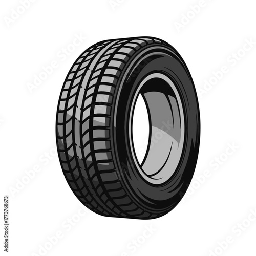 A detailed vector illustration of a single black automotive tire with a complex tread pattern, mounted on a simple grey wheel rim.