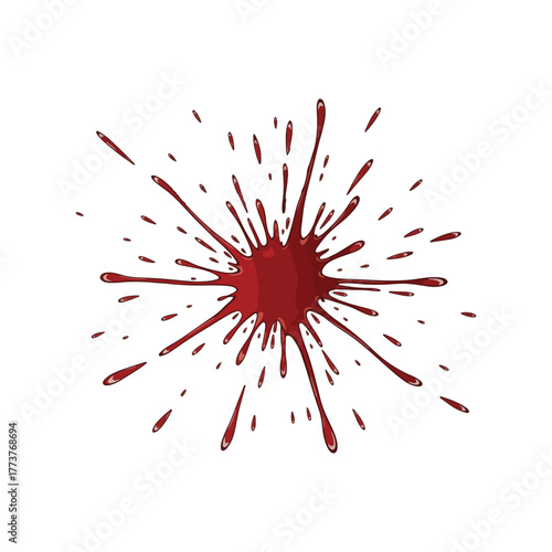 A vibrant red blood splatter illustration with radiating drops and streaks on a clean white background.
