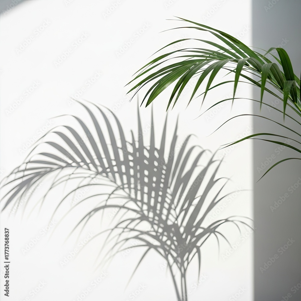 Naklejka premium A palm plant casting a shadow on a white wall creating a minimalist and calming aesthetic scene indoors