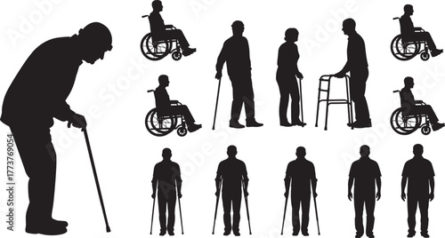 Mobility aid silhouettes, elderly and disabled people, wheelchair users, cane walkers, crutches, accessibility icons, healthcare support, r
