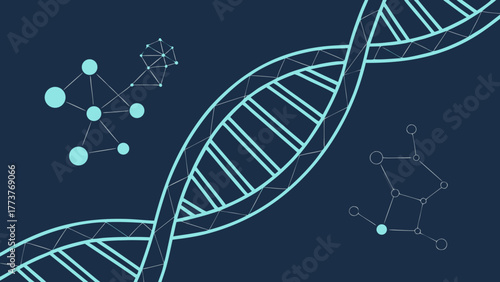 Abstract DNA double helix with molecular structures on dark blue background, representing technology and science