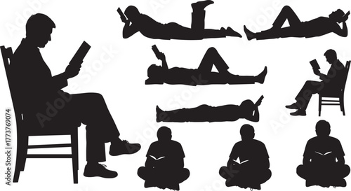 Reading posture silhouette set, people reading in various positions, ergonomic habits, relaxing with books, black vector icons, lifestyle illustration collection