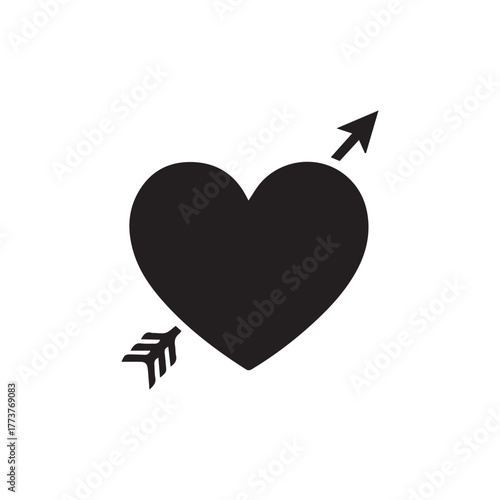 Black silhouette of a heart pierced by an arrow, isolated on a white background, representing love or Valentine's Day.