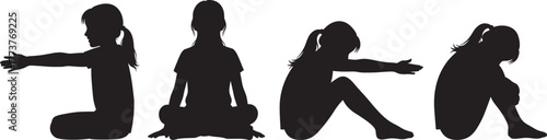 Seated child silhouette set, emotional posture, body language, black vector illustration, cartoon style, parenting, , mindfulness, sadness, 