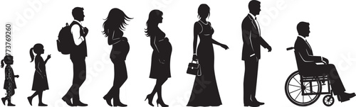 Silhouette illustration of human life stages, child, teen, adult, elderly, pregnancy, wheelchair, aging concept, perfect for education, healthcare, design, icon