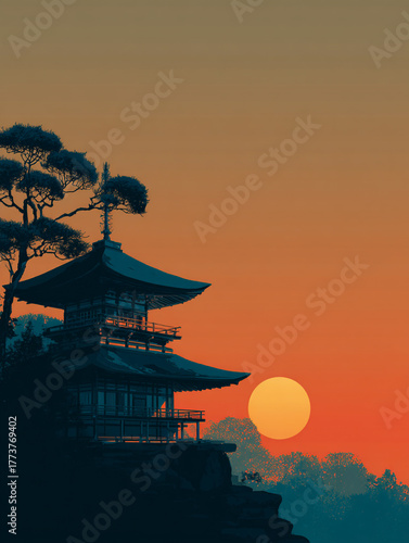 A minimalist illustration of a Japanese temple silhouette against a red-orange sunset or sunrise, overlooking water and mountains.