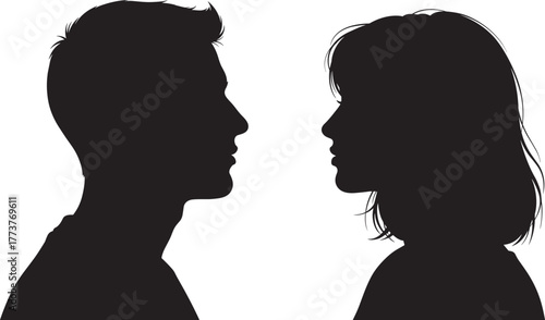 Silhouette profiles, two people facing, emotional connection, black vector art, human relationship, communication concept, white background, artistic pose, facial contour detail