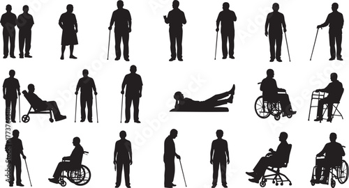 Silhouettes of diverse mobility aid users, wheelchair, walker, cane, lying down, accessibility, disability support, healthcare concept, inclusive design, rehabilitation, posture
