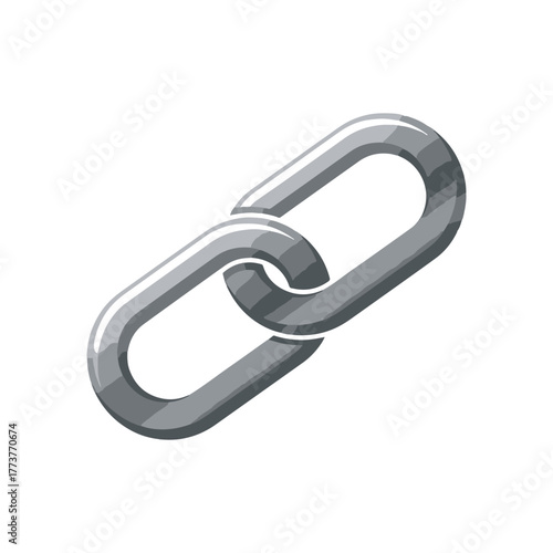 Two shiny, metallic chain links interlocked, symbolizing connection and strength on a white background.
