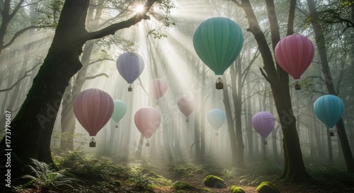 Fototapeta Naklejka Na Ścianę i Meble -  Enchanted forest with colorful hot air balloons under sunlit canopy
