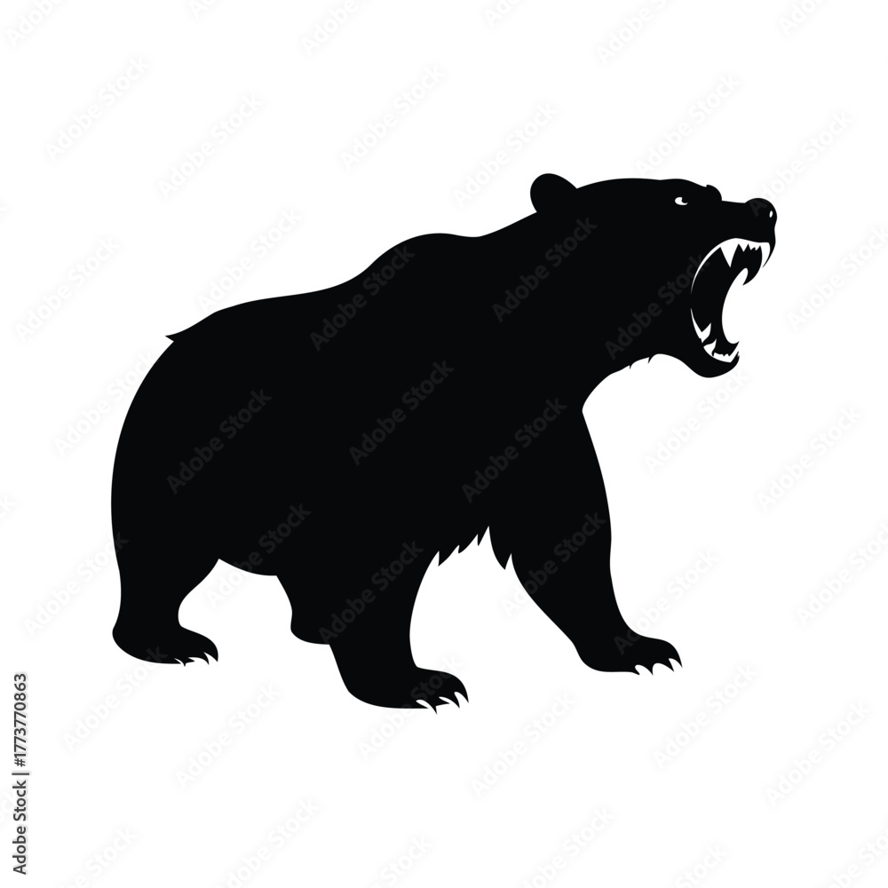 Fototapeta premium Silhouette of an angry bear standing with open mouth and bared teeth, bear roaring silhouette vector illustration