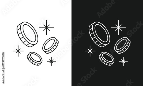 Minimalist Falling Coins Line Art Icon, Simple Isometric Money or Casino Chips with Sparkles, Modern Vector Symbol for Finance, Wealth, and Gaming Jackpot, Black and White Versions.