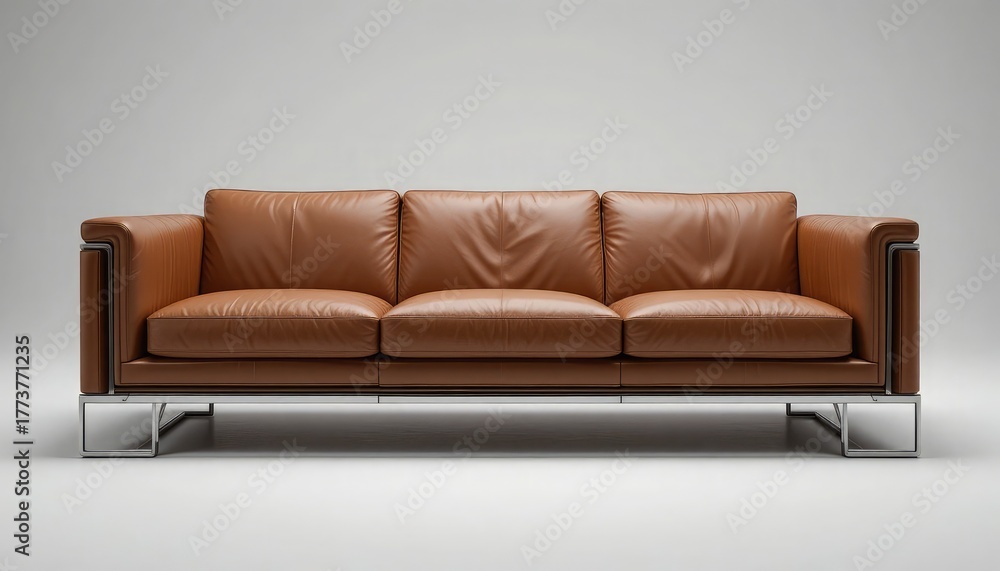 Naklejka premium A modern three seater brown leather sofa with metal frame on a neutral background in a studio setting