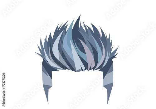 A stylized cartoonish depiction of blue spiked hair with pointed sideburns against a white background