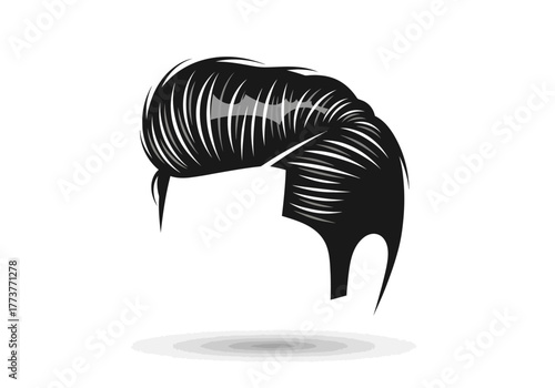 A stylized illustration of a black slickedback pompadour hairstyle with light grey highlights