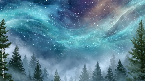 Aurora Borealis: Northern Lights with Forest in Winter