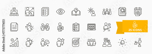 A collection of teamwork and management icons suitable for web and mobile application. Set of outline style icons with leadership, strategy, planning, teamwork and more icons.	