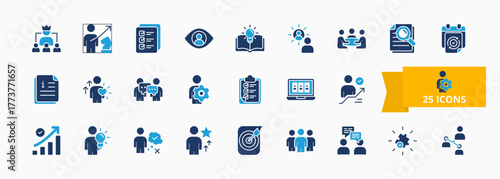 A collection of teamwork and management icons suitable for web and mobile application. Set of glyph blue style icons with leadership, strategy, planning, teamwork and more icons.	