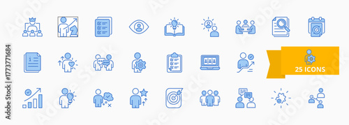A collection of teamwork and management icons suitable for web and mobile application. Set of outline blue style icons with leadership, strategy, planning, teamwork and more icons.	