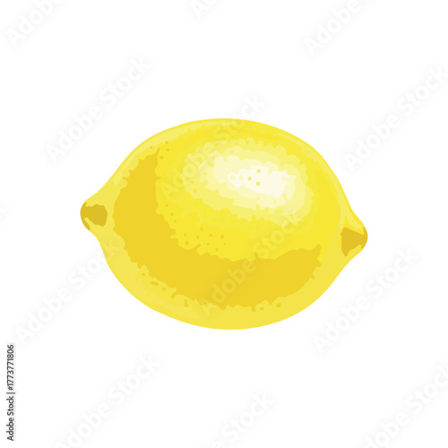 A single, whole, bright yellow lemon is centered on a white background, showcasing its smooth skin and rounded shape.
