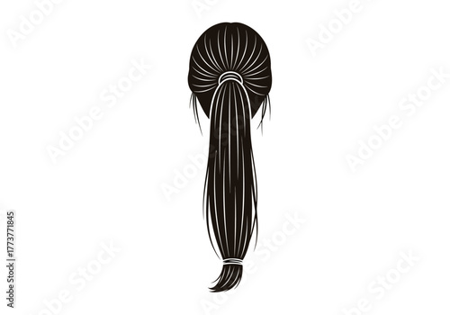 Blackandwhite image features a long straight ponytail with hair neatly tied up