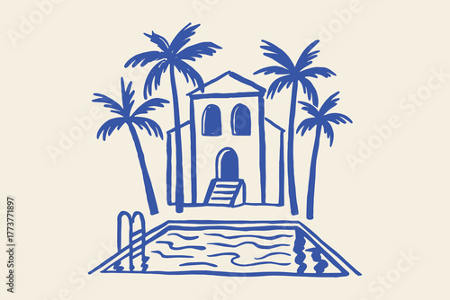 Villa with pool and palms, naive brush sketch vector illustration