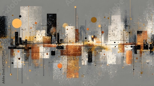 A vibrant abstract cityscape with geometric patterns high rise buildings and a mix of warm and cool tones creating a modern and dynamic urban landscape