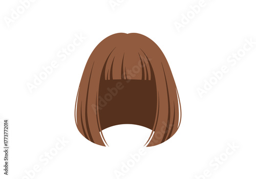 Brown straight hair with blunt bangs bobbed and rounded against a plain white background
