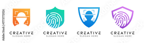 Set of human identity shield logo design templates. Modern isolated shield with fingerprint and face ID design for technology, identity verification and biometric security.	
