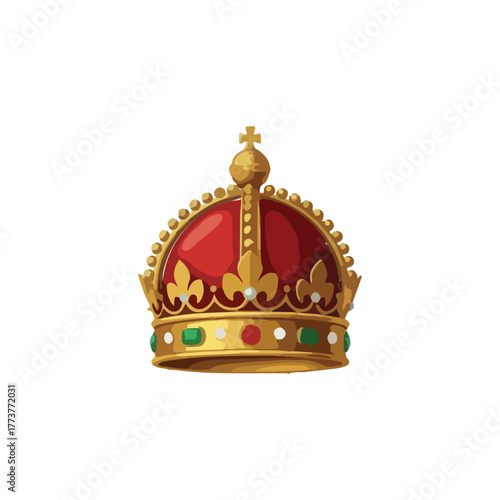 A vibrant, ornate crown with red velvet, gold trim, and colorful jewels, presented against a clean white background.