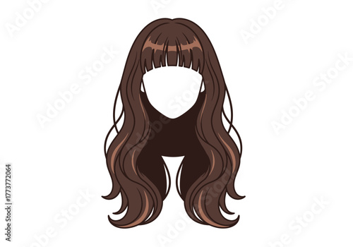 Brown wavy hair with bangs styled with lighter highlights