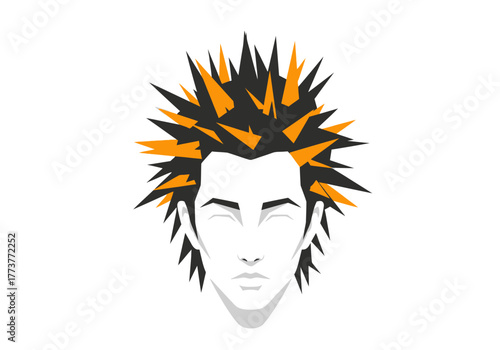 Graphic image of a stylized face with black  orange spiked hair eyes closed on white