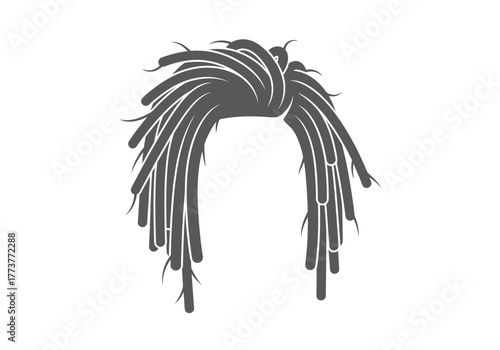 Gray dreadlocks cascade from a knotted base featuring white line accents throughout