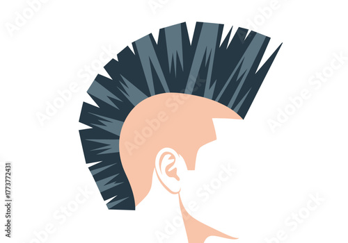 Illustration of a person with a dark gray mohawk hairstyle ear visible against a white background