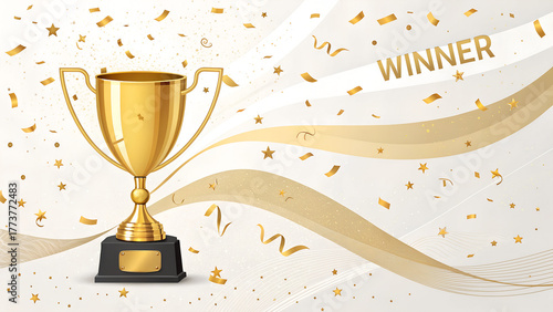 Winner banner. Gold realistic trophy cup with confetti. Vector award nomination background.
